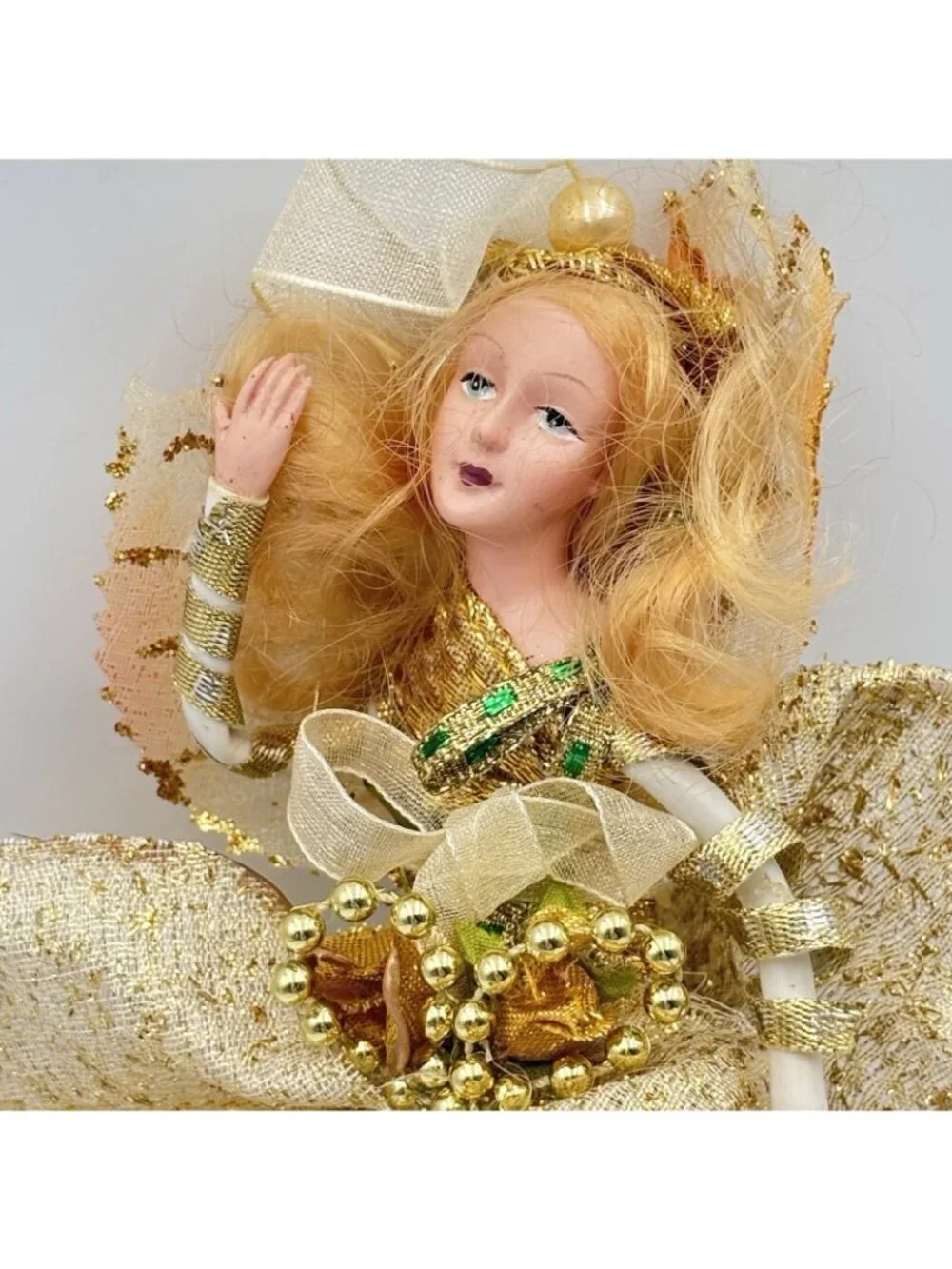 Vintage Porcelain Fairy Lady Gold Green Christmas Ornament Pearls Beads 8 in